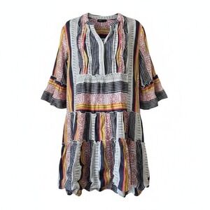 APNY Babydoll Dress L Multicolor‎ Striped Tiered Ruffle Sleeve Bohemian